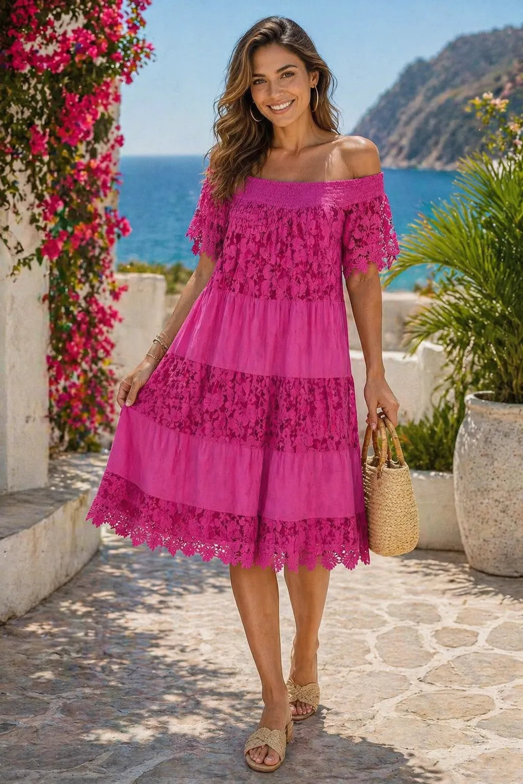 Italian Bardot Crochet Lace Dress | Off Shoulder Midi UK