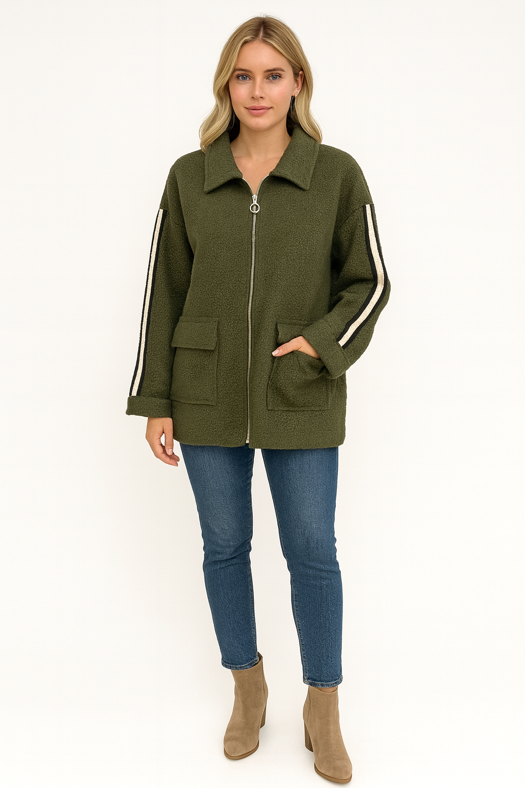 Italian Stripe Zip Pockets Collared Boucle Teddy Long Jacket Coat