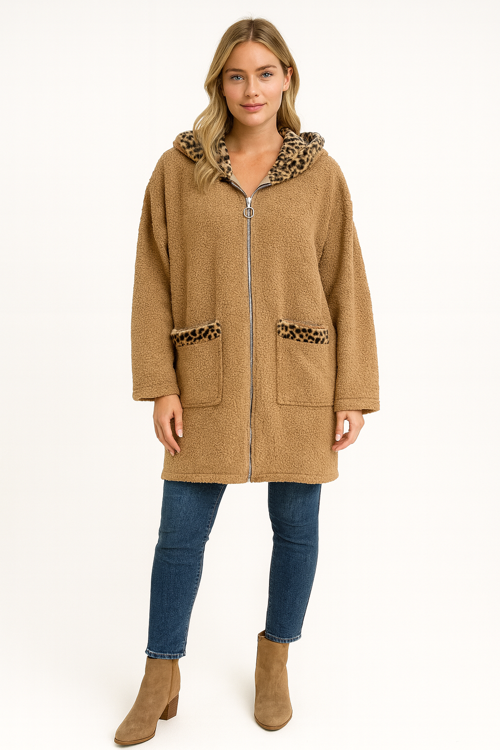 Italian Zip Fastening Animal Print Hooded Oversized Teddy Jacket Coat