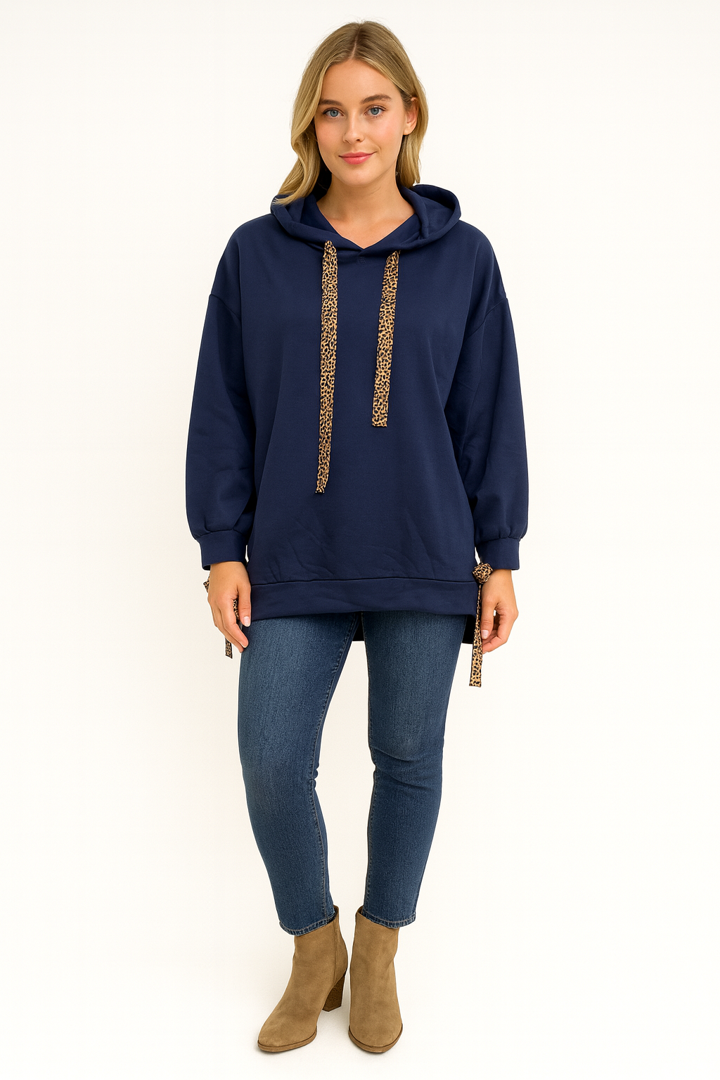 Italian Leopard Trim Relaxed Fit Hoodie Top