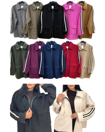 Italian Stripe Zip Pockets Collared Boucle Teddy Short Jacket Coat