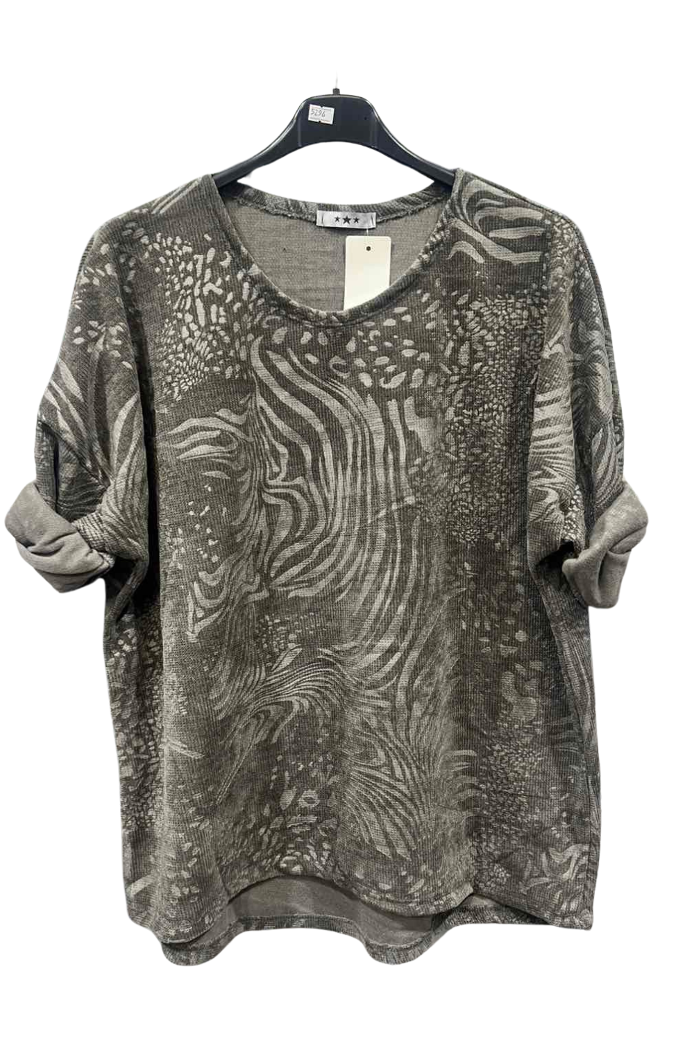 Italian Corduroy Dip Hem Round Neck Top With Printed Detail