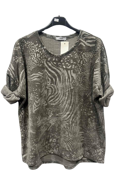 Italian Corduroy Dip Hem Round Neck Top With Printed Detail