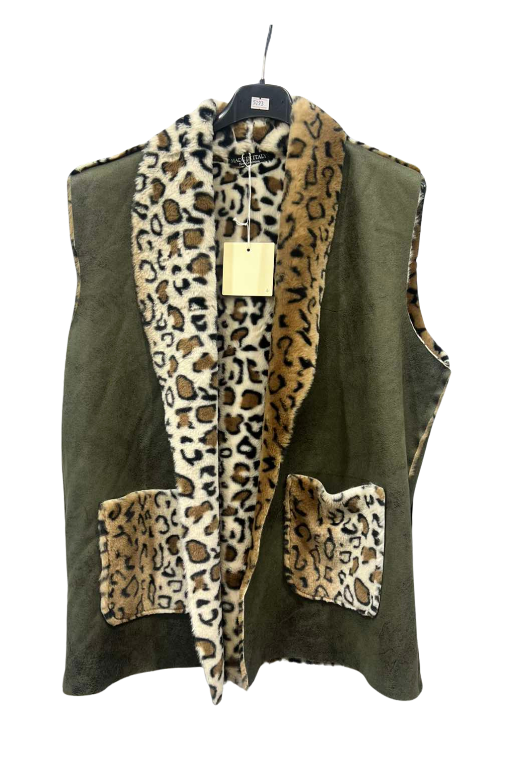 Italian Sleeveless Jacket With Leopard Print Faux Fur Top