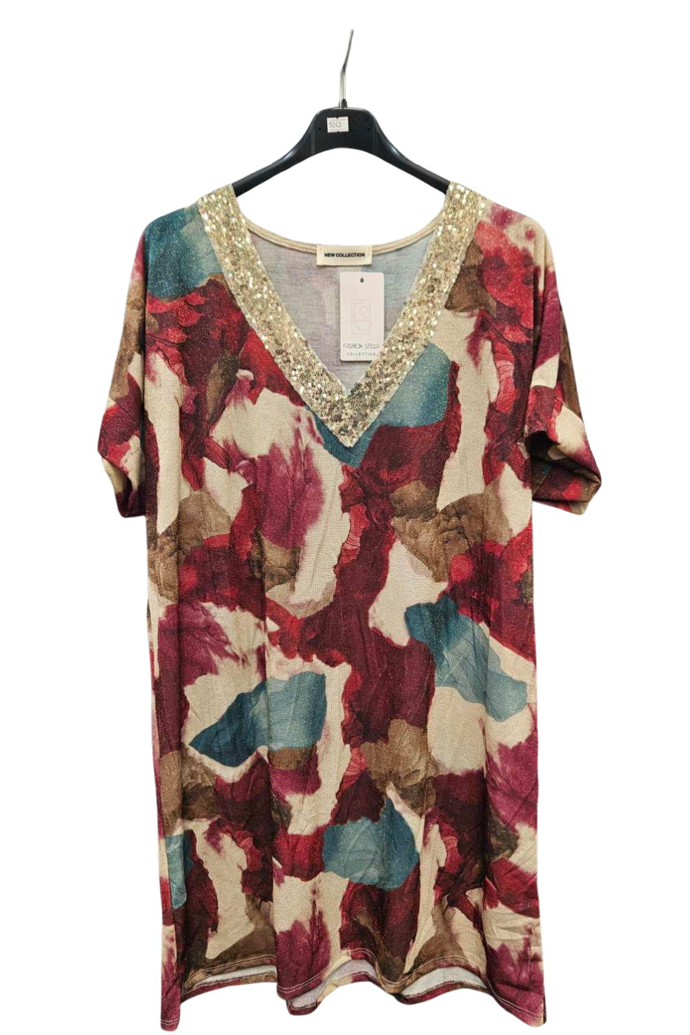 Italian Short Sleeve Sequin V Neck Printed Knitted Tunic Top