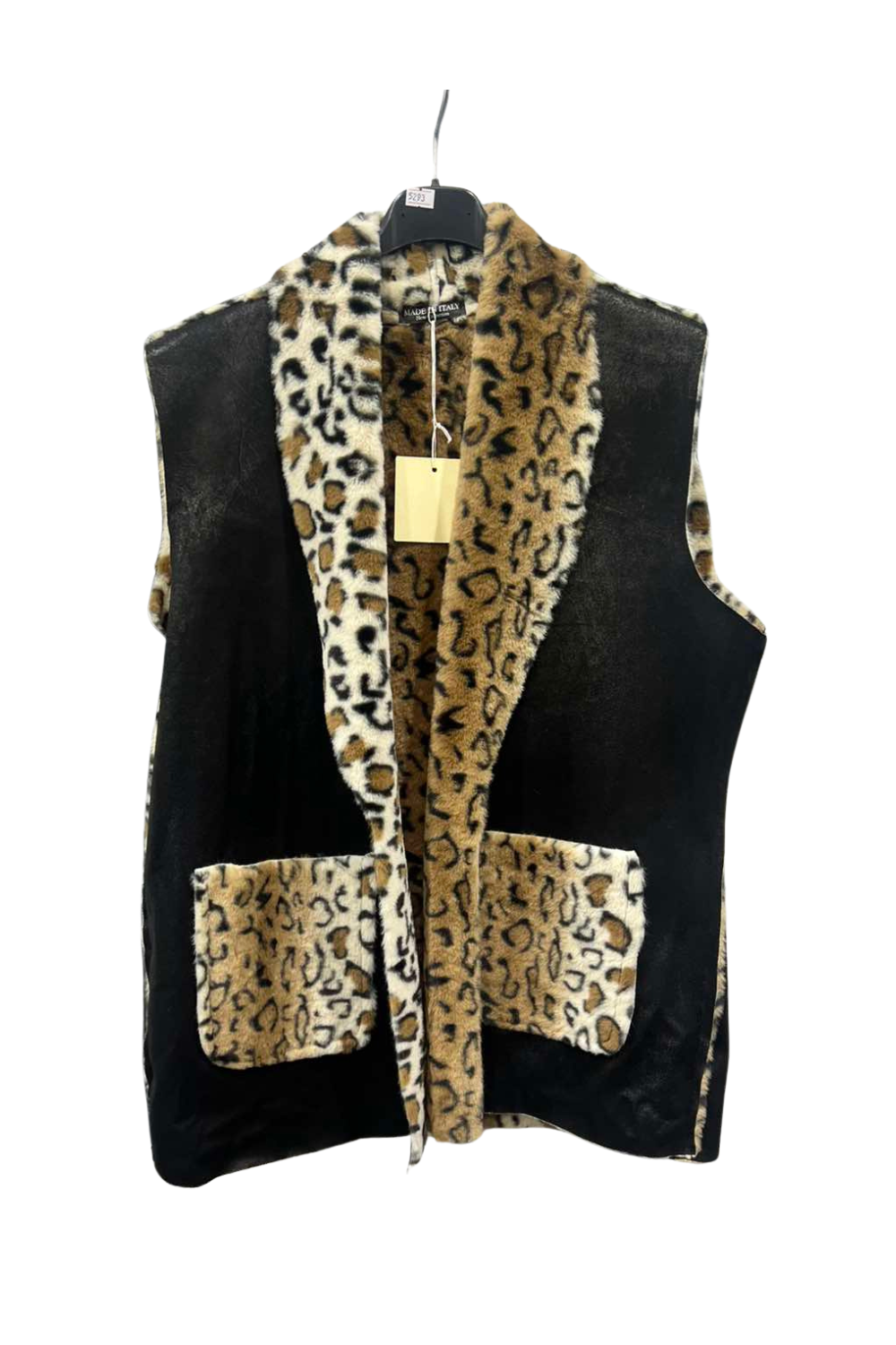 Italian Sleeveless Jacket With Leopard Print Faux Fur Top