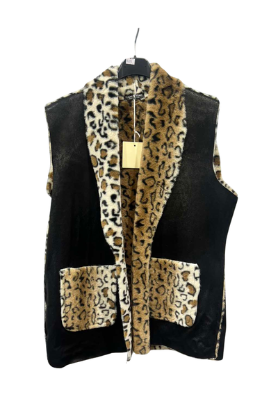 Italian Sleeveless Jacket With Leopard Print Faux Fur Top