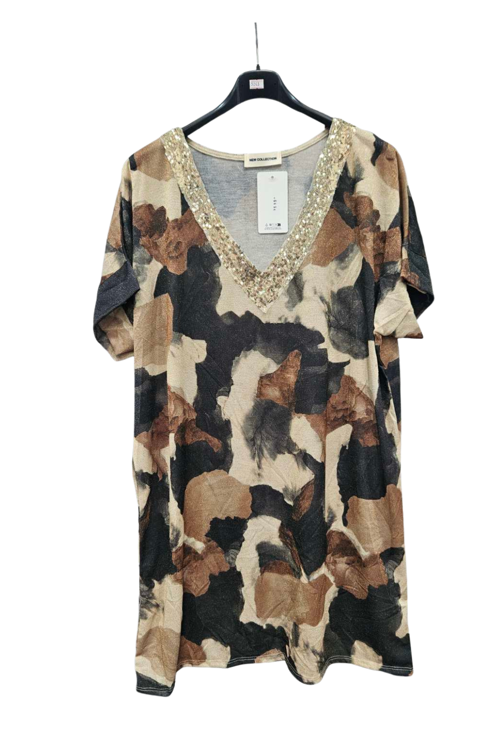 Italian Short Sleeve Sequin V Neck Printed Knitted Tunic Top