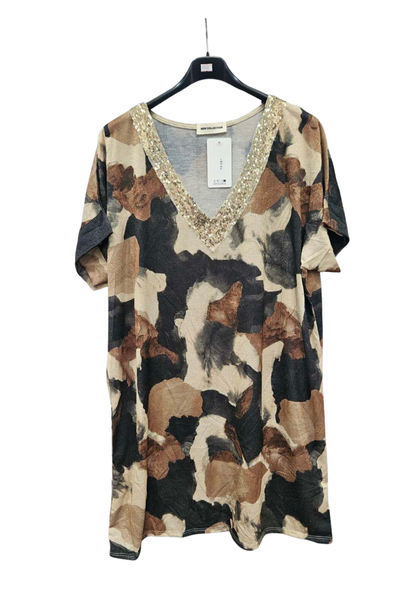 Italian Short Sleeve Sequin V Neck Printed Knitted Tunic Top