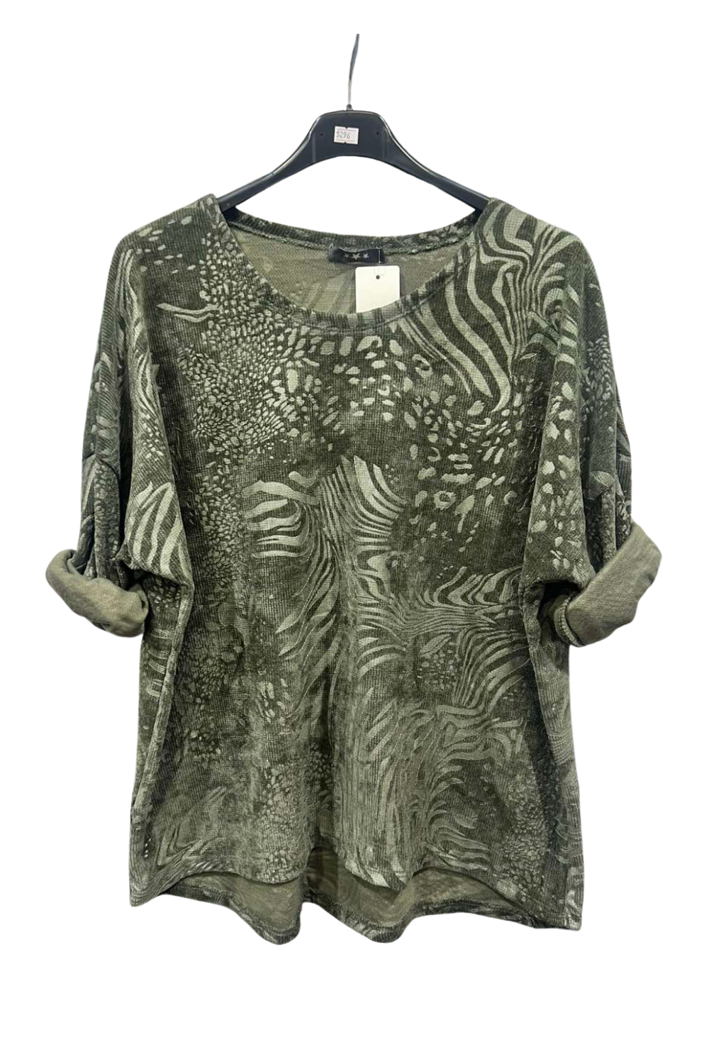 Italian Corduroy Dip Hem Round Neck Top With Printed Detail