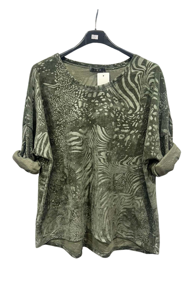 Italian Corduroy Dip Hem Round Neck Top With Printed Detail