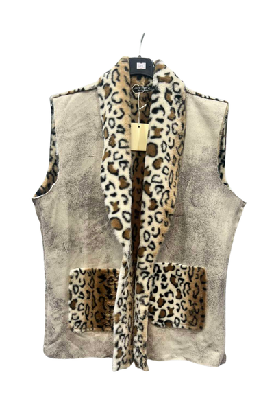 Italian Sleeveless Jacket With Leopard Print Faux Fur Top