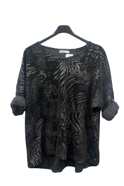 Italian Corduroy Dip Hem Round Neck Top With Printed Detail