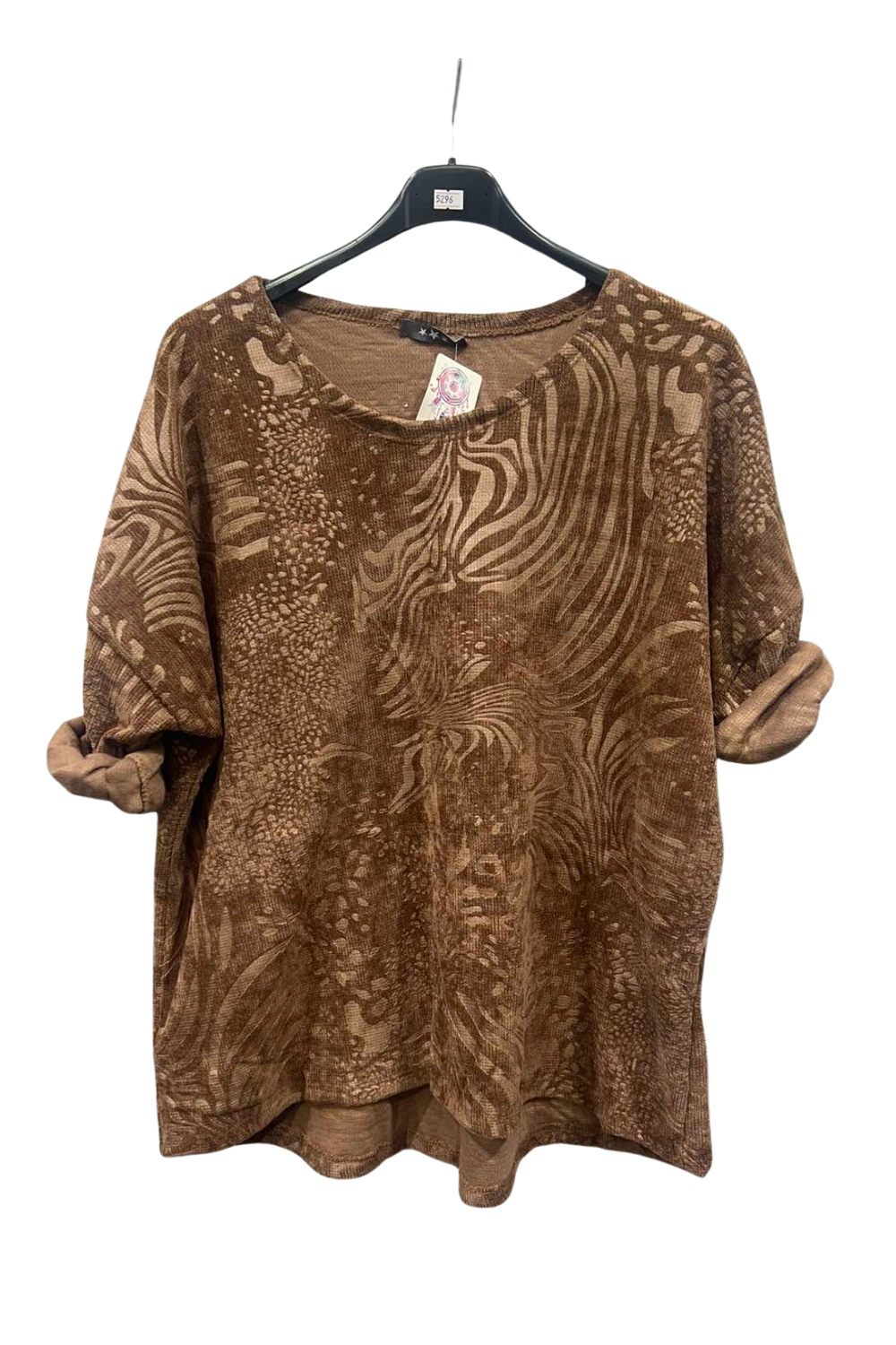 Italian Corduroy Dip Hem Round Neck Top With Printed Detail