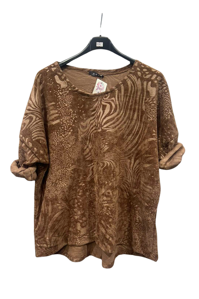 Italian Corduroy Dip Hem Round Neck Top With Printed Detail