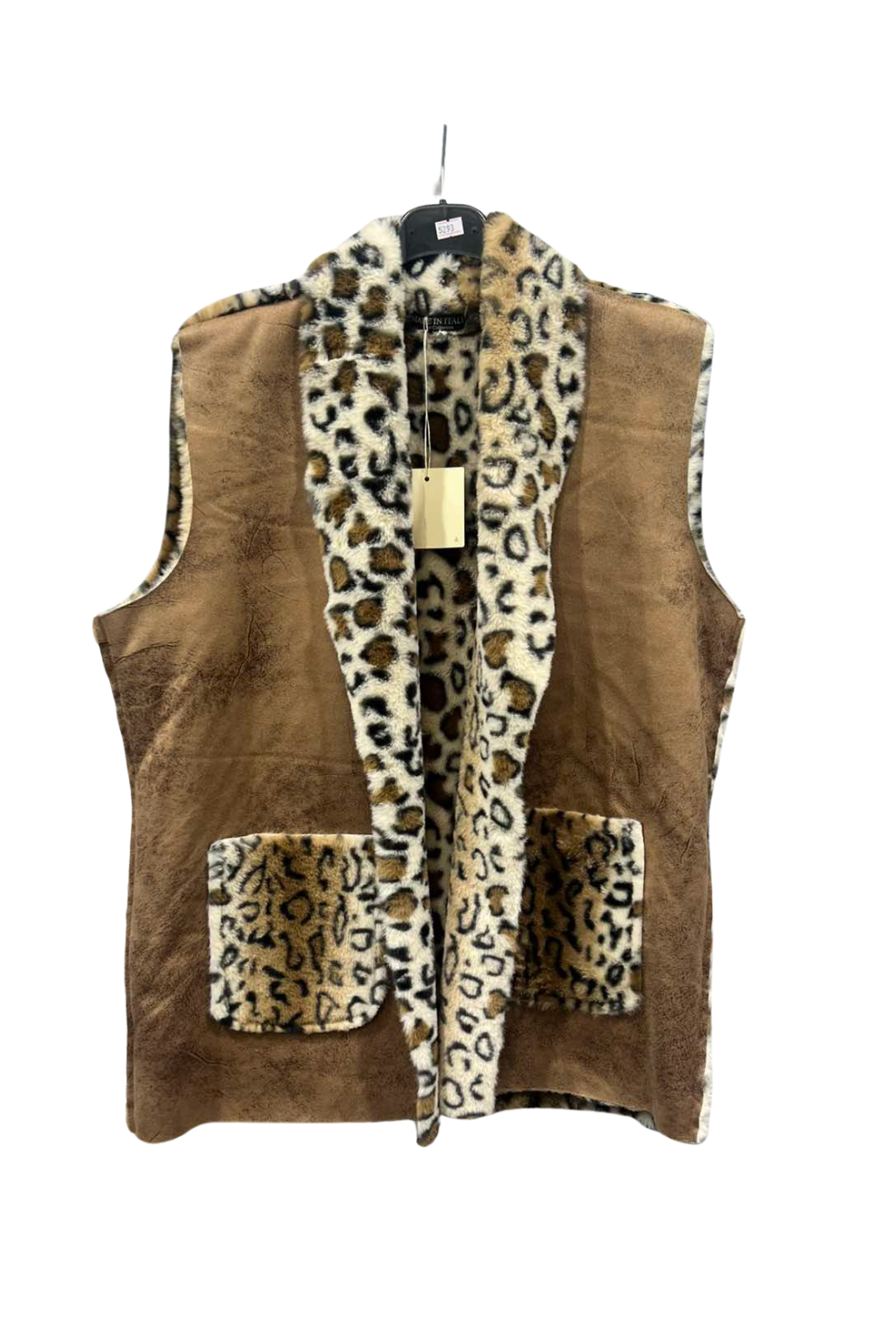Italian Sleeveless Jacket With Leopard Print Faux Fur Top