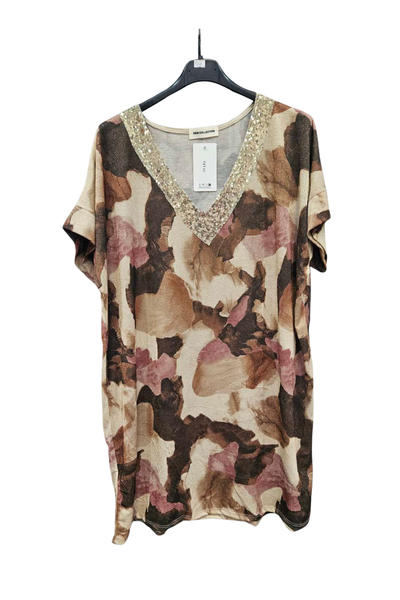 Italian Short Sleeve Sequin V Neck Printed Knitted Tunic Top