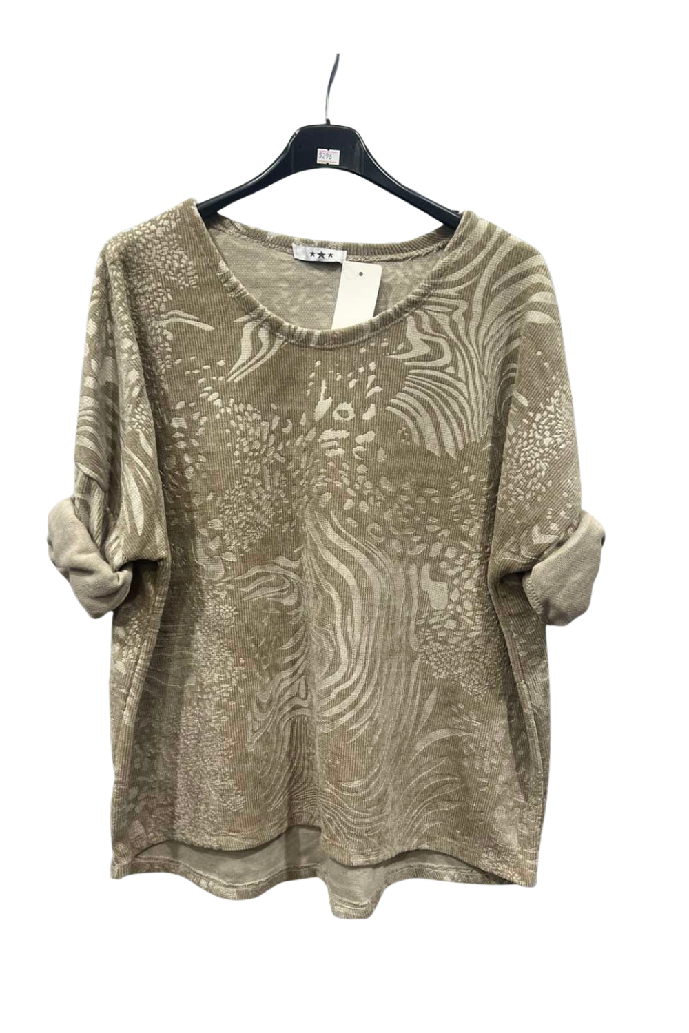 Italian Corduroy Dip Hem Round Neck Top With Printed Detail