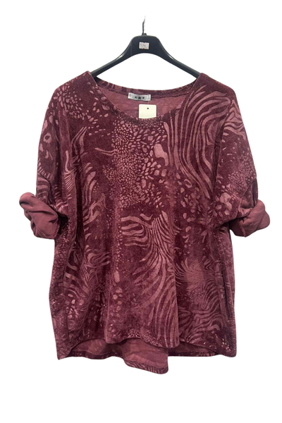 Italian Corduroy Dip Hem Round Neck Top With Printed Detail