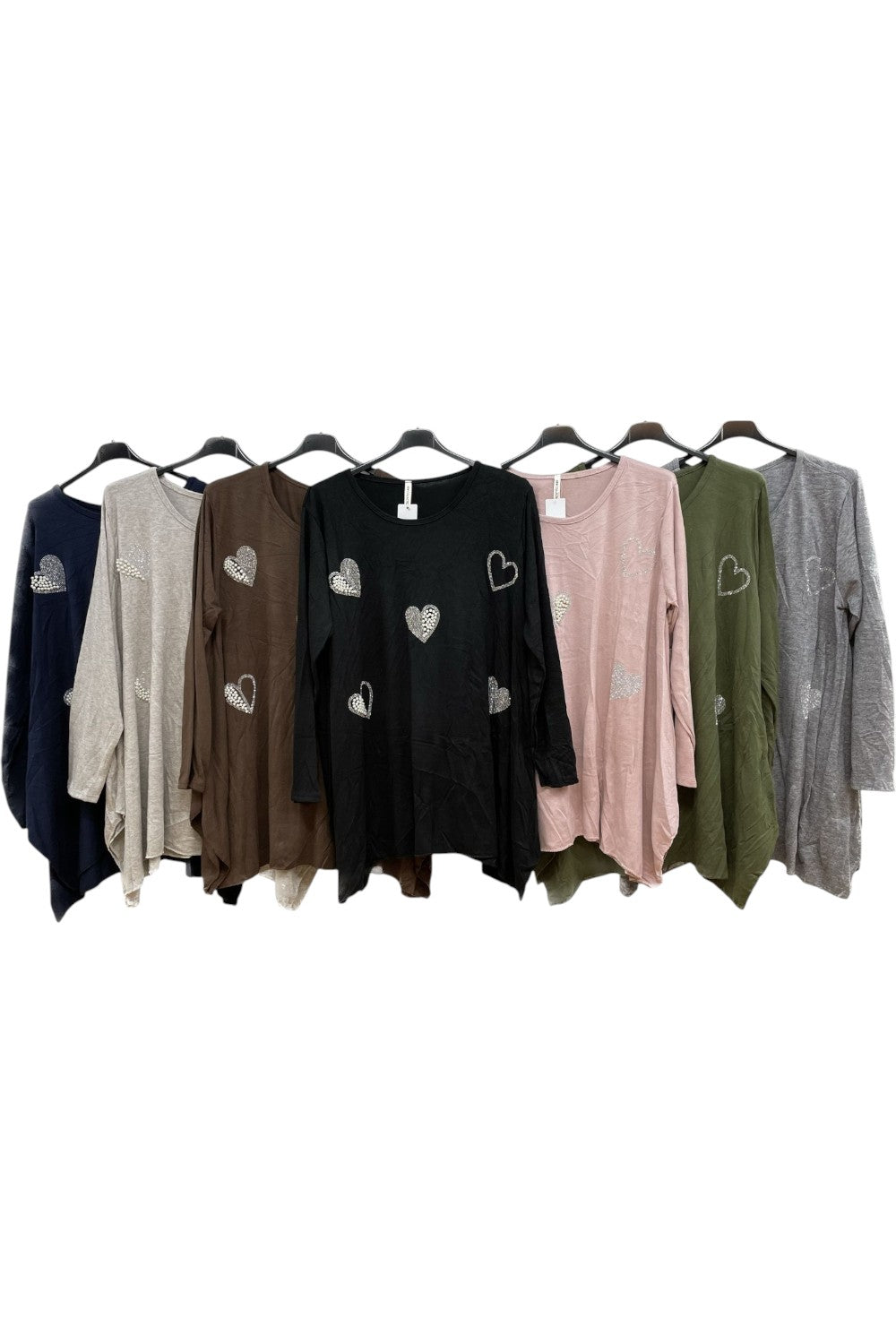 Italian Soft Knit Pearl Diamante Heart Print Oversized Tunic Jumper Top