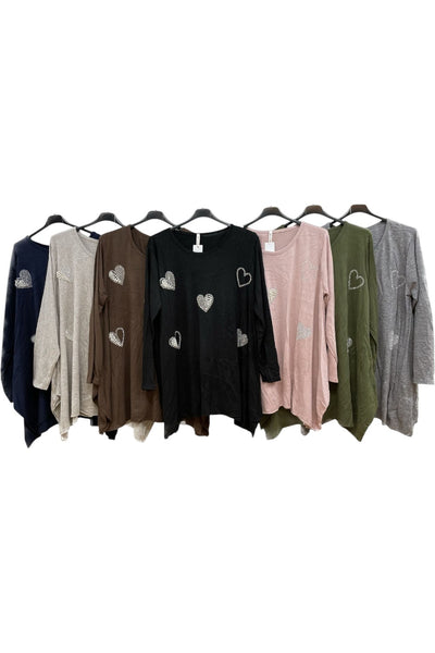 Italian Soft Knit Pearl Diamante Heart Print Oversized Tunic Jumper Top