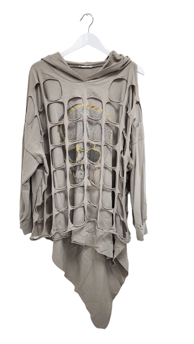 Italian Diamante Skull Print Hooded One Side Cut Out Shoulder Top