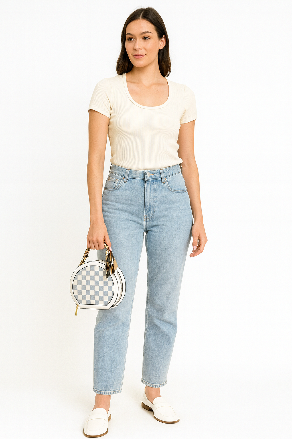 Trendy Round Checkeed Printed Satin Cloth Handle Tote Handbag