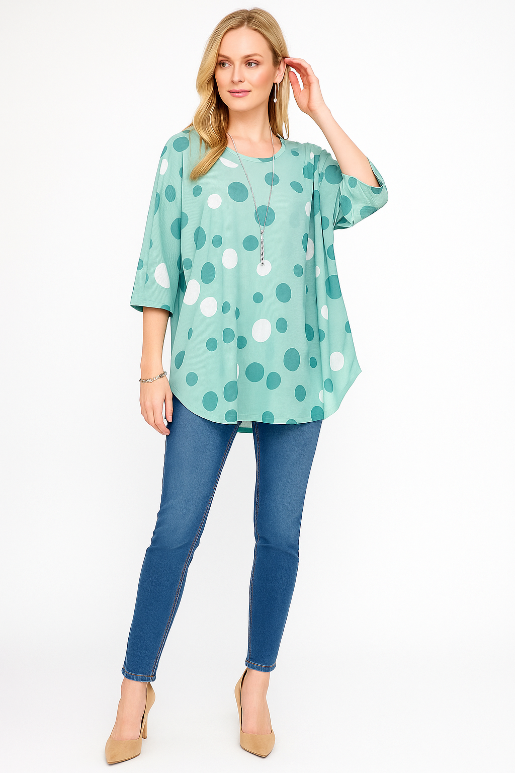 Polka Dot Long-Sleeve Round Neck Oversized Tunic Top