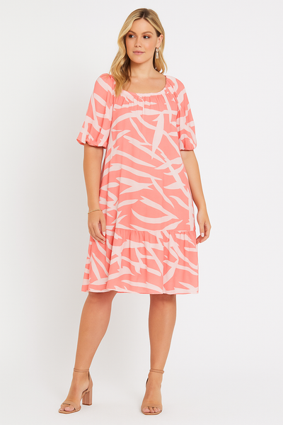 Off shoulder Printed Frill Short Sleeve Lining Inside Midi Dress