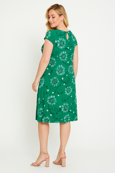 Round Neck Floral Print Hole Bow Tie Waist Midi Dress Cap Sleeve