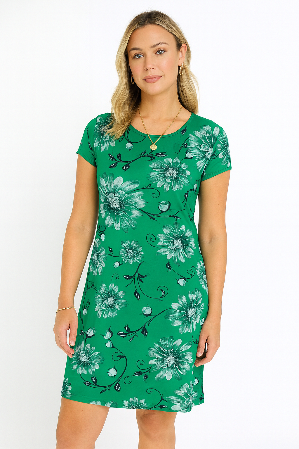 Round Neck Floral Print Hole Bow Tie Waist Midi Dress Cap Sleeve