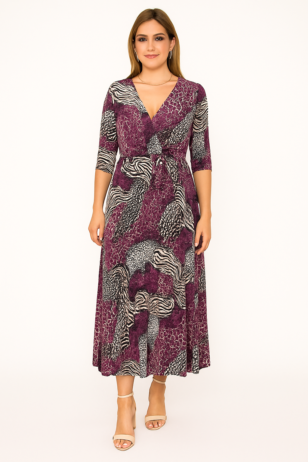 Animal Printed Wrap Over Belted Maxi Dress Elasticated Waist
