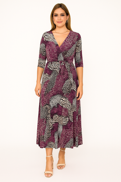 Animal Printed Wrap Over Belted Maxi Dress Elasticated Waist