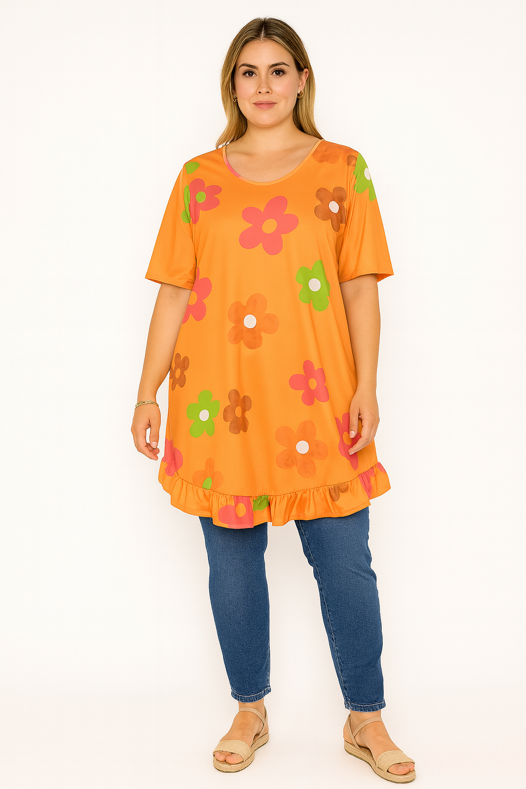 Daisy Floral Frill Hem Tunic Dress 2 Side Inside Pockets