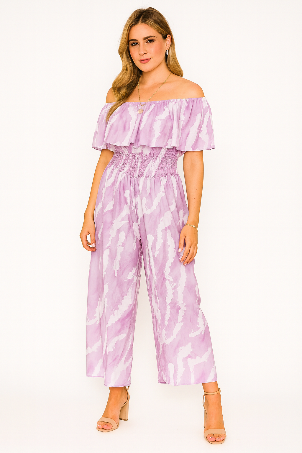 Frill Bardot Layer Sleeveless Shirred Elasticated Waist Printed Jumpsuit