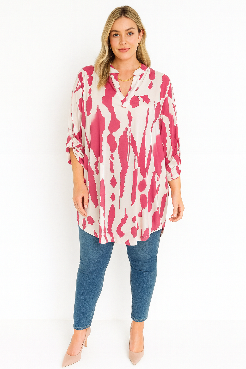 Printed V-neck Grandad Collar Turn-up Sleeve Dip Hem Tunic Top