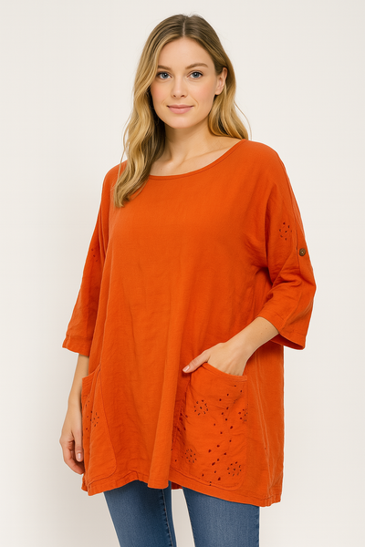 Italian Broderie Anglaise Pocket Detail Tunic Top