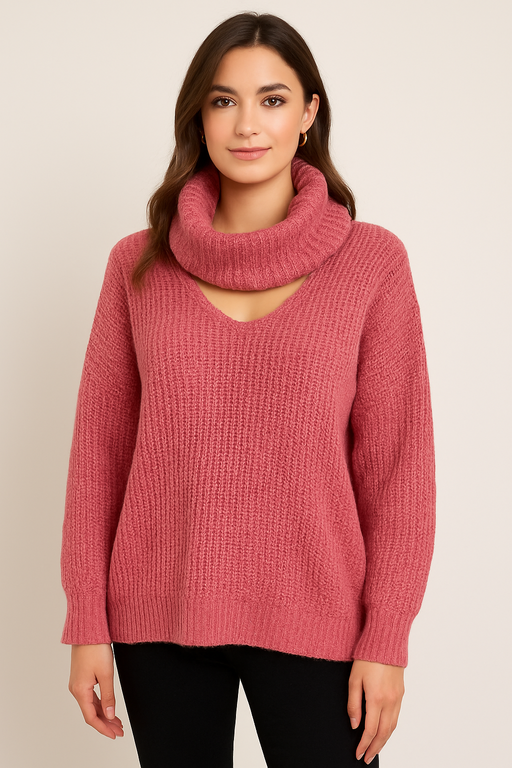 Italian V Neck Knitted Top With Snood – Soft Winter Knitwear