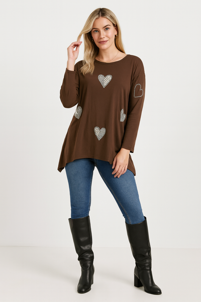 Italian Soft Knit Pearl Diamante Heart Print Oversized Tunic Jumper Top