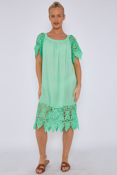 Italian Crochet Lace Panel Detail Bardot Midi Dress