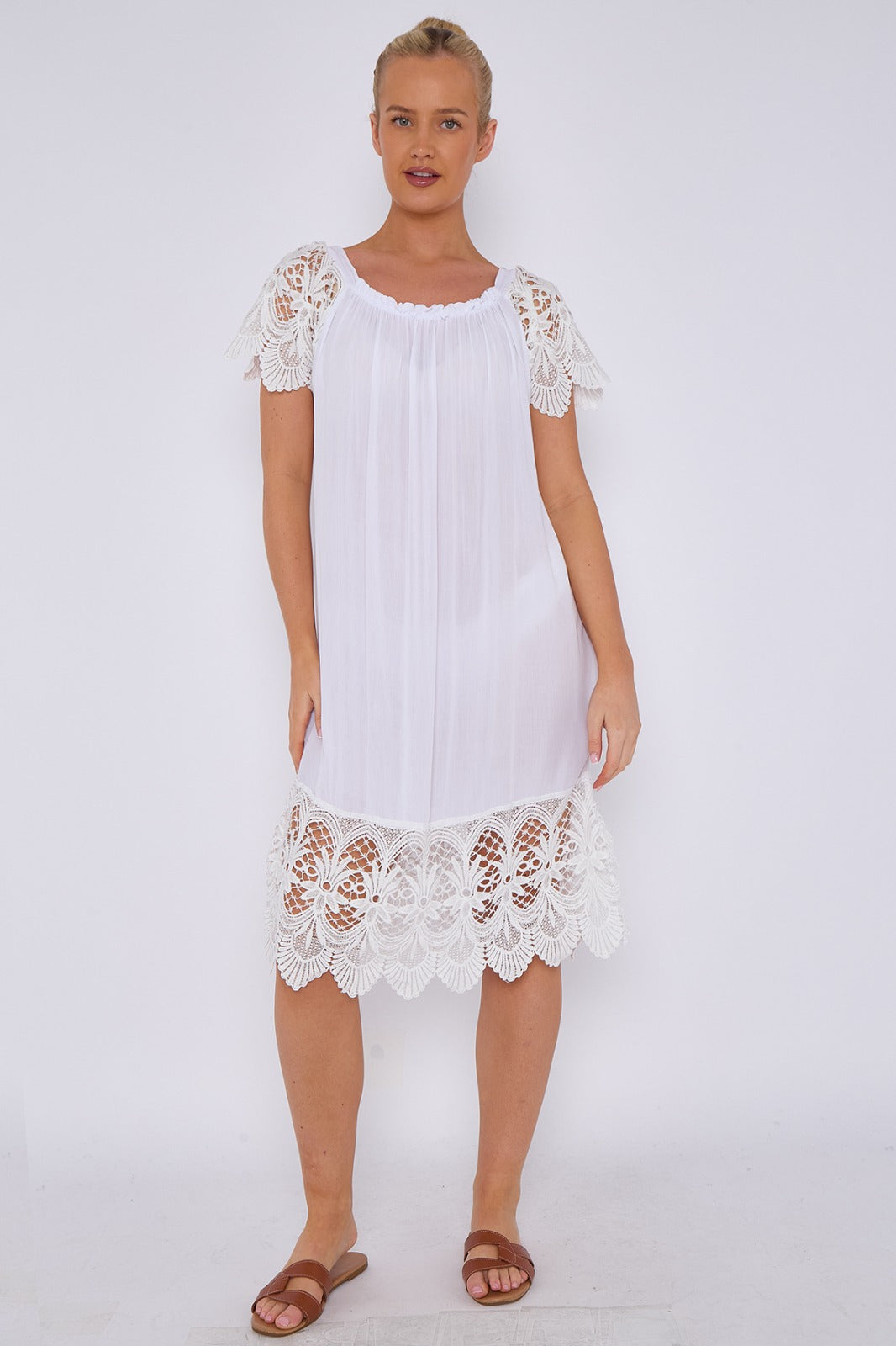 Italian Crochet Lace Panel Detail Bardot Midi Dress