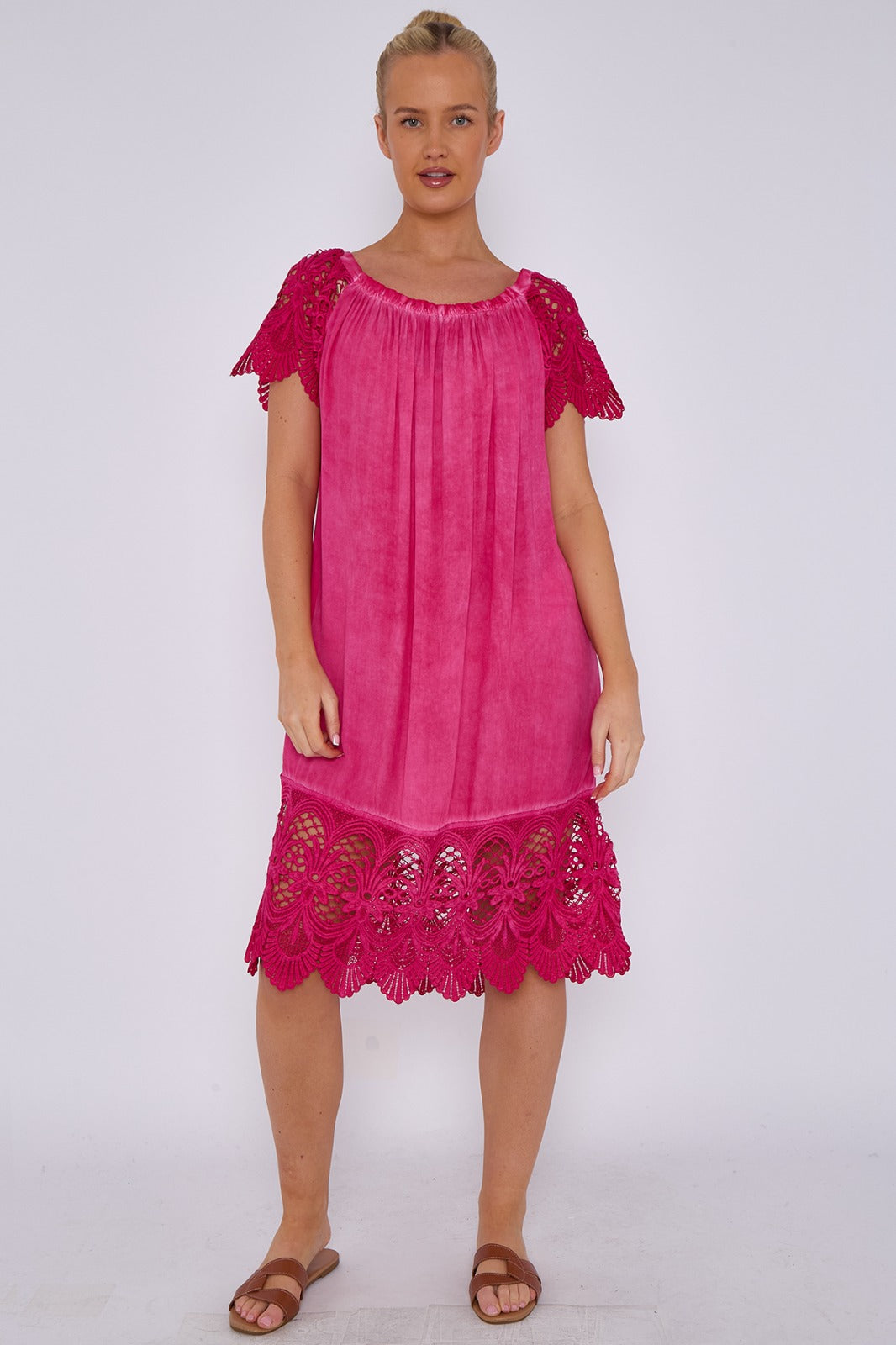 Italian Crochet Lace Panel Detail Bardot Midi Dress