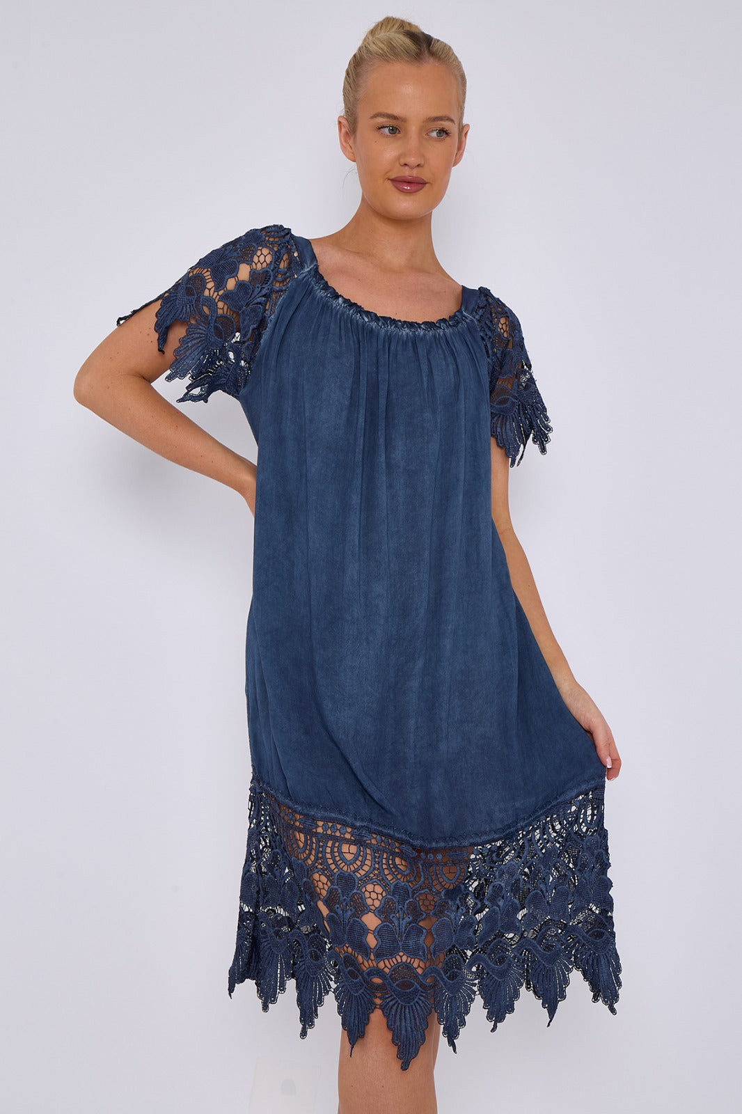 Italian Crochet Lace Panel Detail Bardot Midi Dress