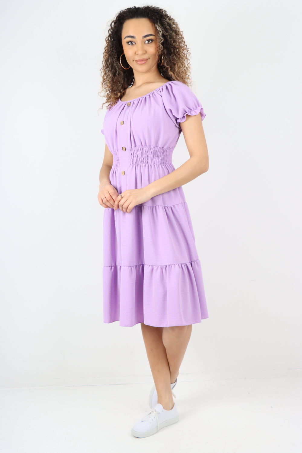 Italian Off The Shoulder Elasticated Waist Tiered Midi Dress