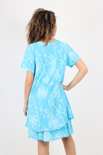 Italian Double Layer Floral Print  Short Sleeve Midi Dress