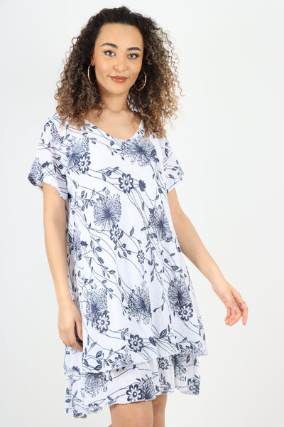 Italian Double Layer Floral Print  Short Sleeve Midi Dress