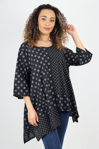Italian Polka Dot Print Asymmetric Cotton Tunic Top