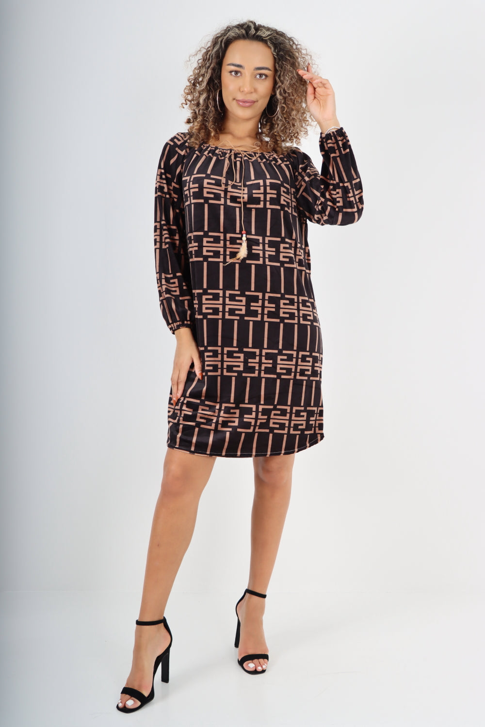 Italian Off The Shoulder Printed Velour Tunic Dress