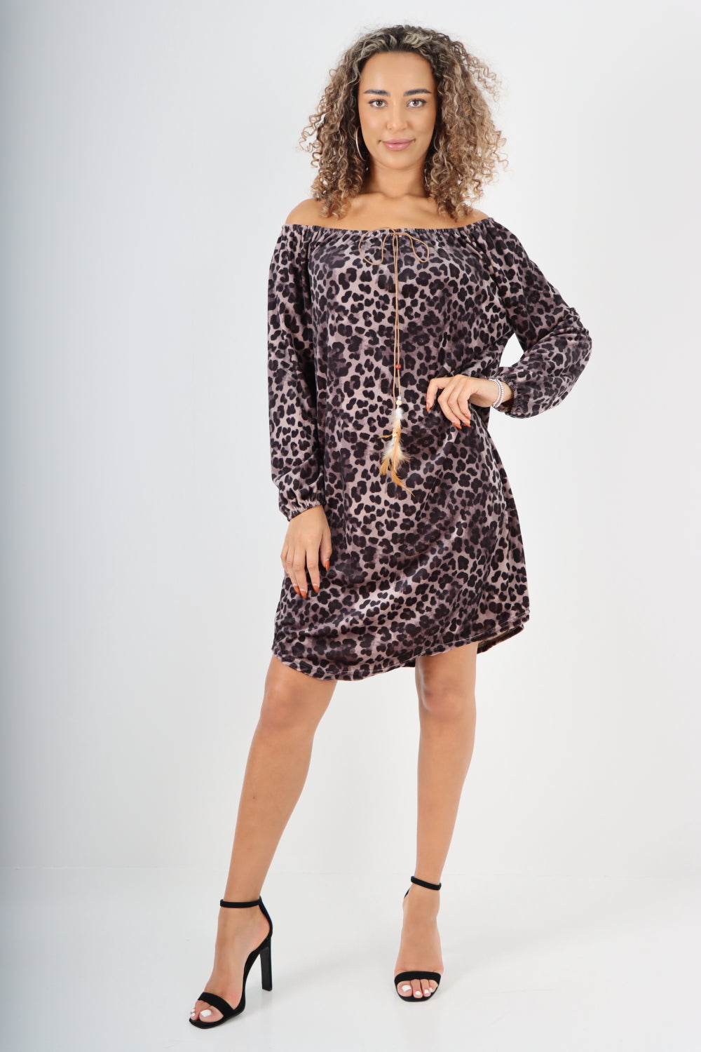 Italian Off The Shoulder Leopard Printed Velour Tunic Dress
