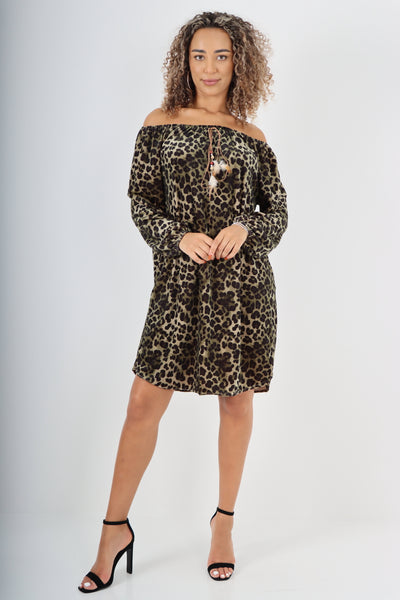 Italian Off The Shoulder Leopard Printed Velour Tunic Dress